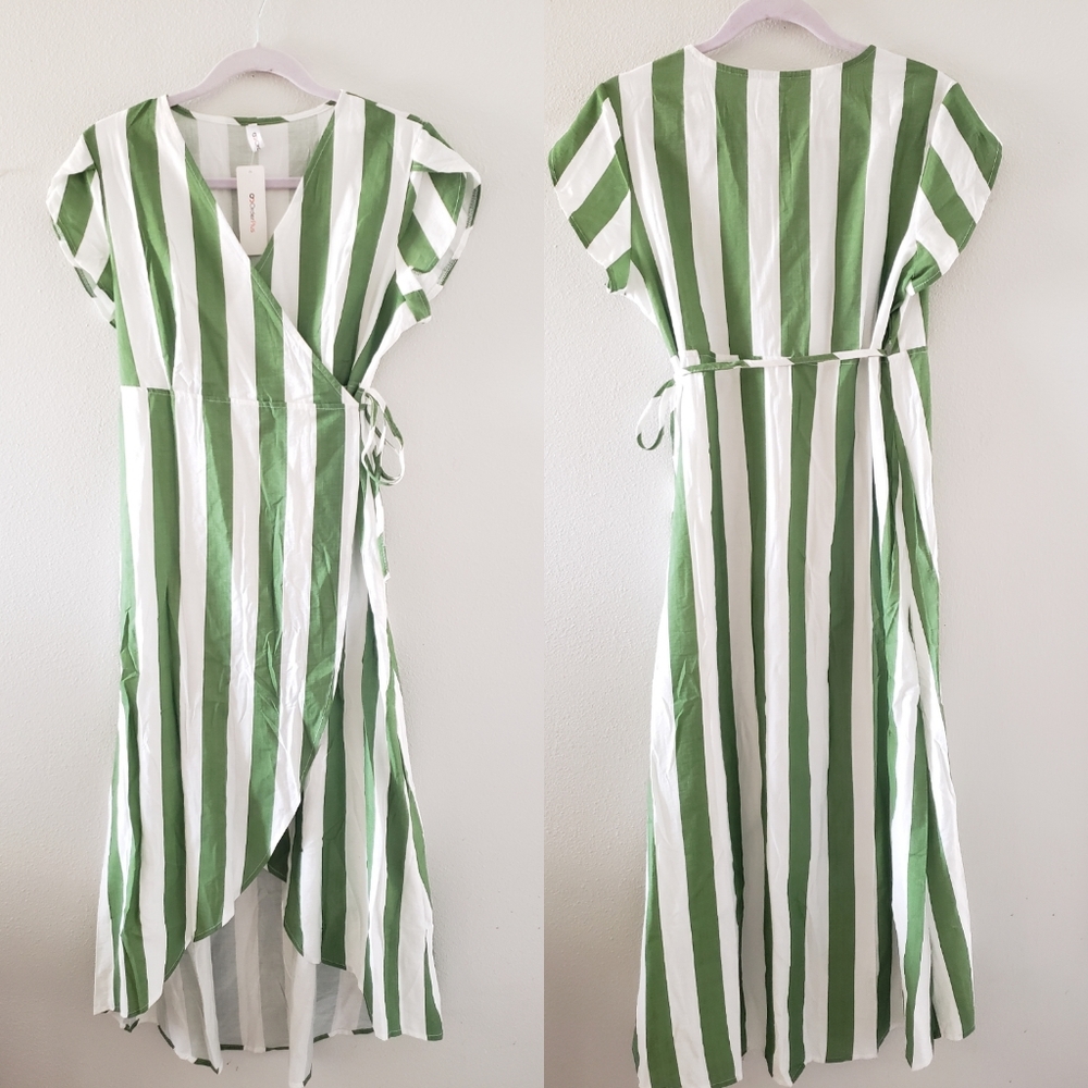 Striped Green & White High-Low Wrap Dress